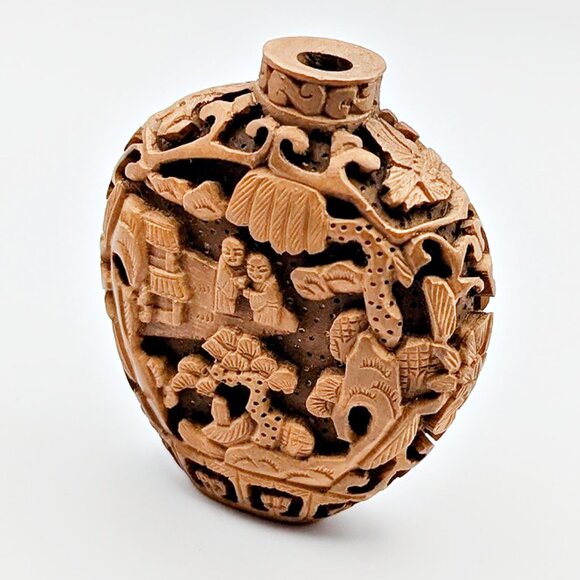 Vintage Other - Vintage Chinese Carved Wood Snuff Bottle - Intricate Carved Bottle